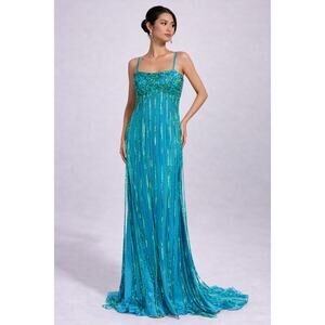 Milano Formal Evening Sequin Fringe Dress Women Large Turquoise Y2K Prom Glam